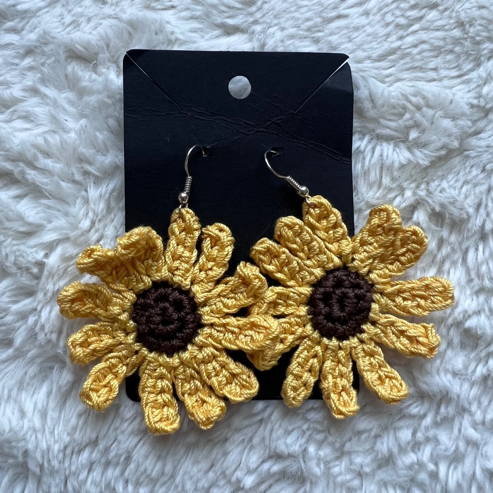 Handmade Crochet Sunflower Dangle Earrings Yellow‎ Brown Boho Floral Jewelry NEW